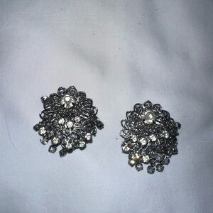 Vintage silver tone clip on earrings with rhinestones